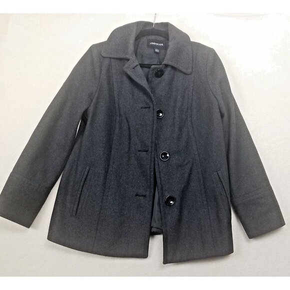London Fog Charcoal Gray 4 Button Up Wool blend Pea Coat Jacket Women M lined - Picture 3 of 13